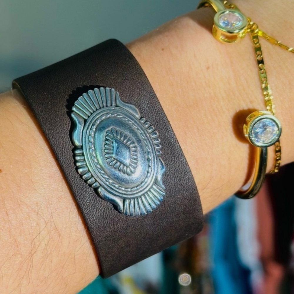 Dark Brown Leather Cuff Bracelet with Patina Metal Accent